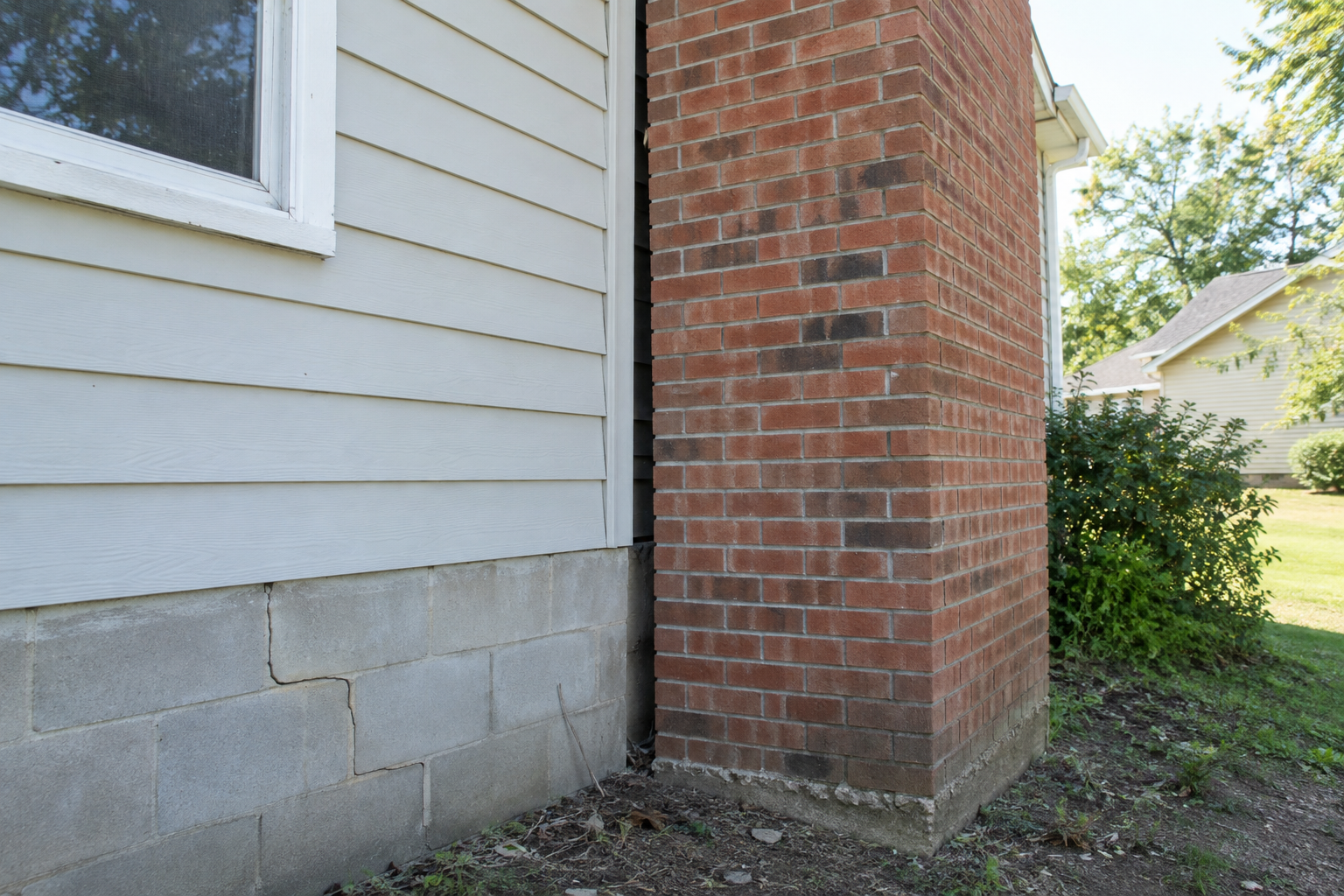 Illustration of a gap beside a brick chimney and a crack in a block foundation