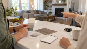 Homeowners comparing paint colors and flooring for their home preparation plan